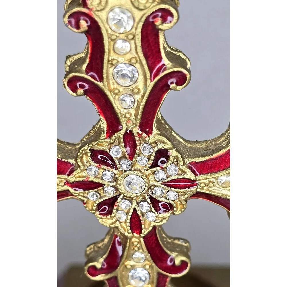 Red And Gold Rhinestone Handcrafted Cross, Tea-light Holder Stunning 5 1/2